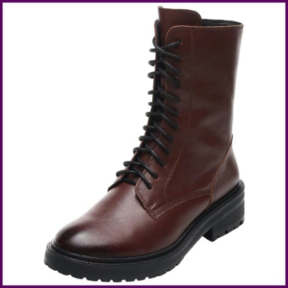 Leather Mid Calf Combat Boots Waterproof Slip Resistant Women's Shoes